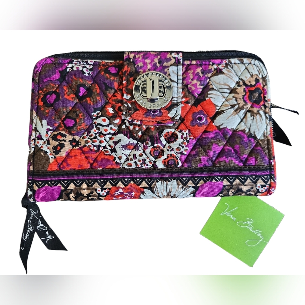 NWT Vera Bradley Turnlock Wallet in "Rosewood" Signature Cotton, purple & red